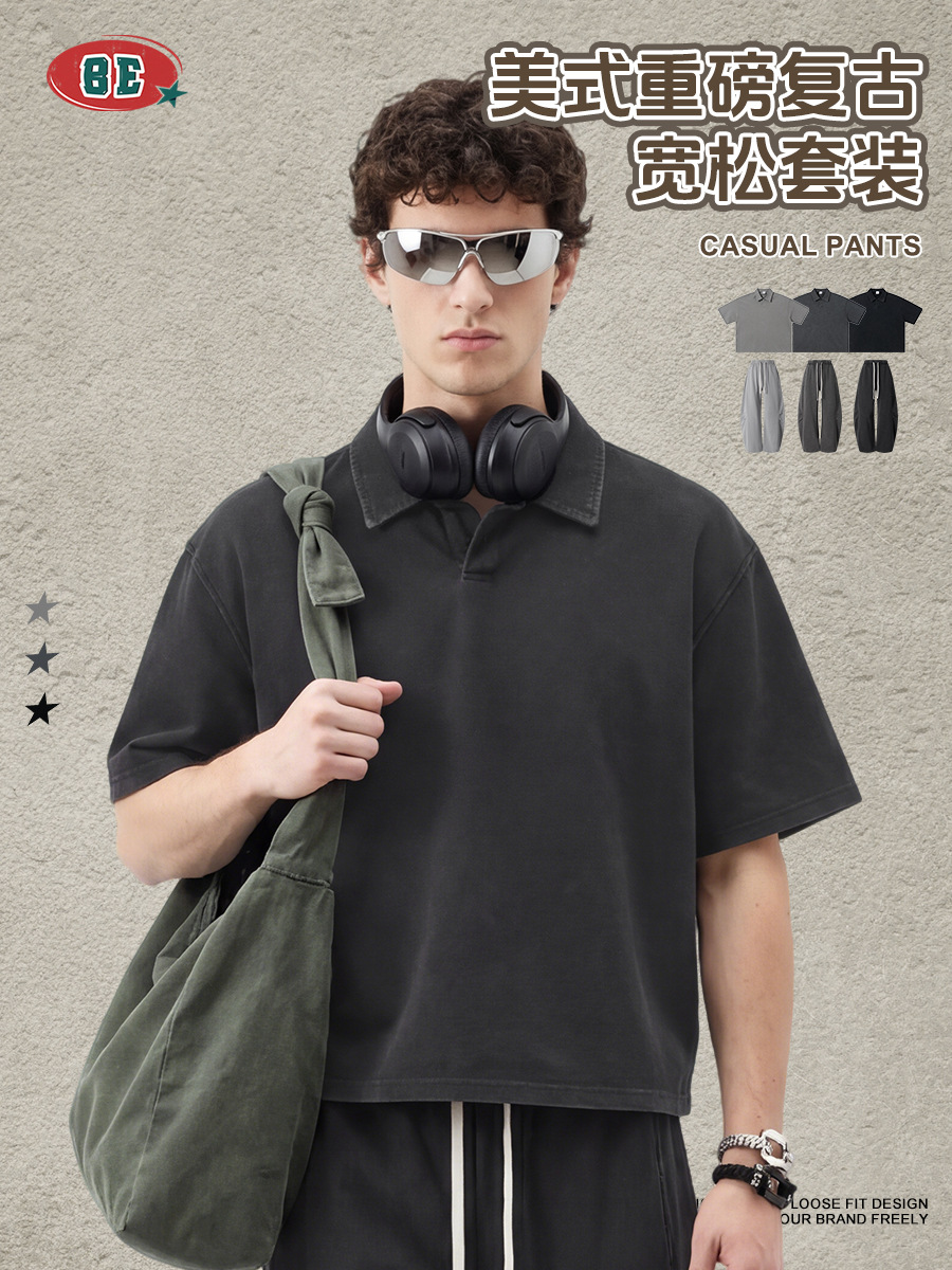 BE hombre americano retro cuello de polo callejero manga corta suelta hacer viejos lavados de la cimeta pantalones recto conjunto deportivo