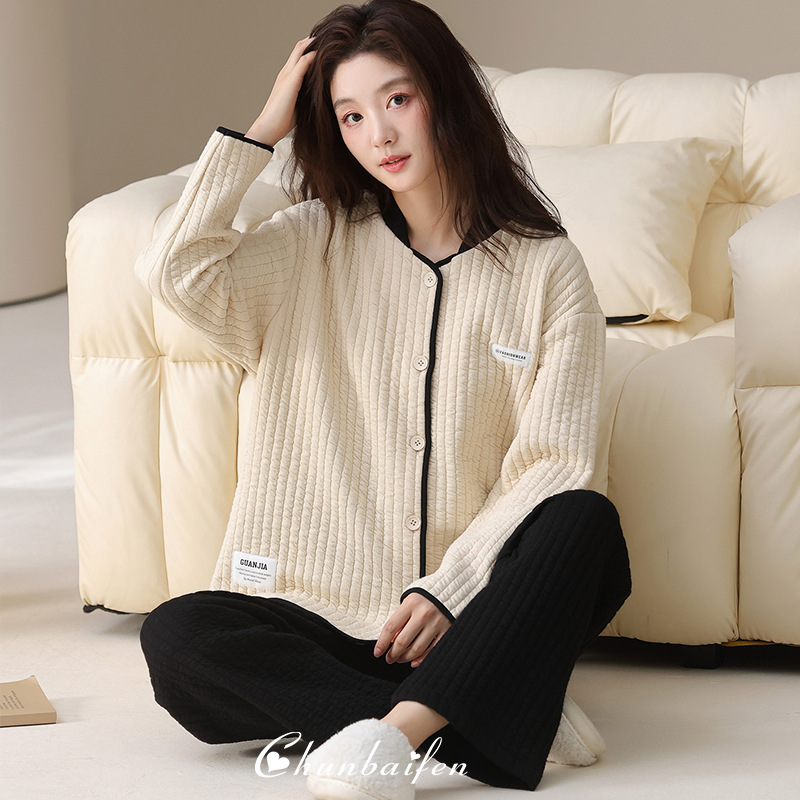 New Constant Temperature Warm Quilted Pure Cotton Pajamas Autumn and Winter Three-Layer Air Cotton Fashionable Pure Color Home Wear Women's Suit