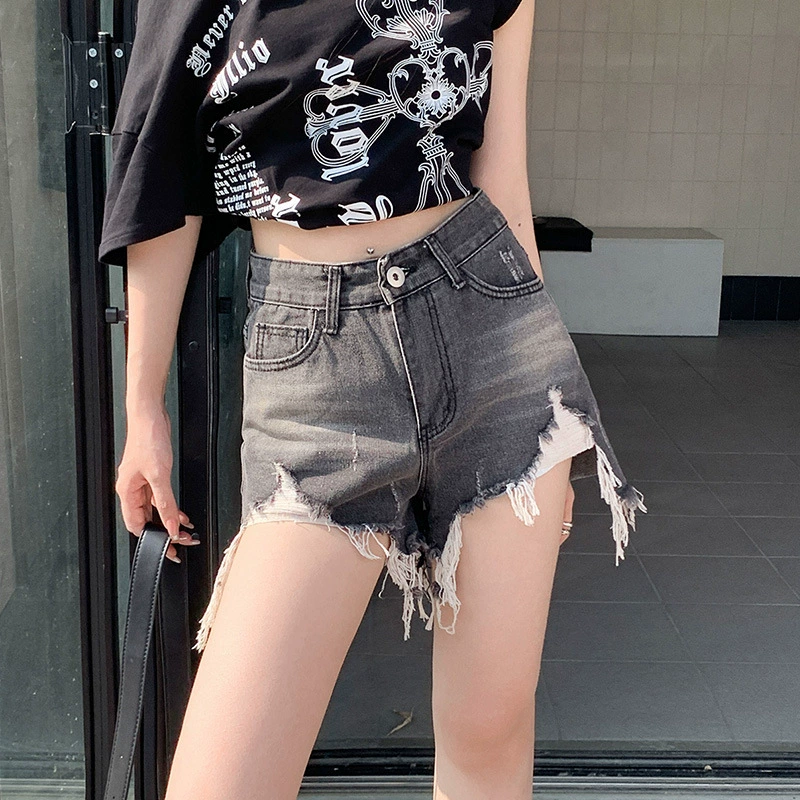 Джинсы с потертостями и необработанными краями, женские летние тонкие шорты-шортики, шорты А-силуэта, высокая талия, утягивающие брюки
