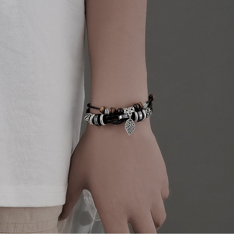 Tree leaf bracelet men's personalized retro multi-layer hand-woven leather bracelet simple student couple jewelry