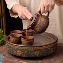 中式鎏金紫砂大茶盘套装家用陶瓷圆形储水式茶船茶台朱泥功夫茶具