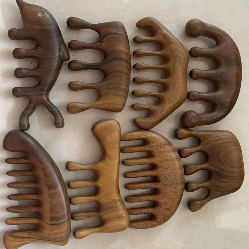 Производитель массажной расчески из sandalwood, древесная расческа из зеленого сандалового дерева с пятью зубьями, массажная головка из розового дерева, производитель меридиановой расчески