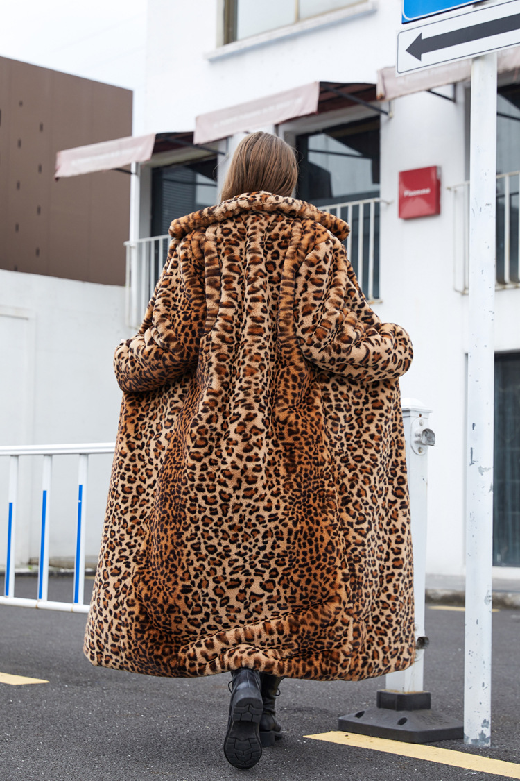 Womens Luxury Faux Fur Leopard Long Coat Lapel Trench Jacket Thick
