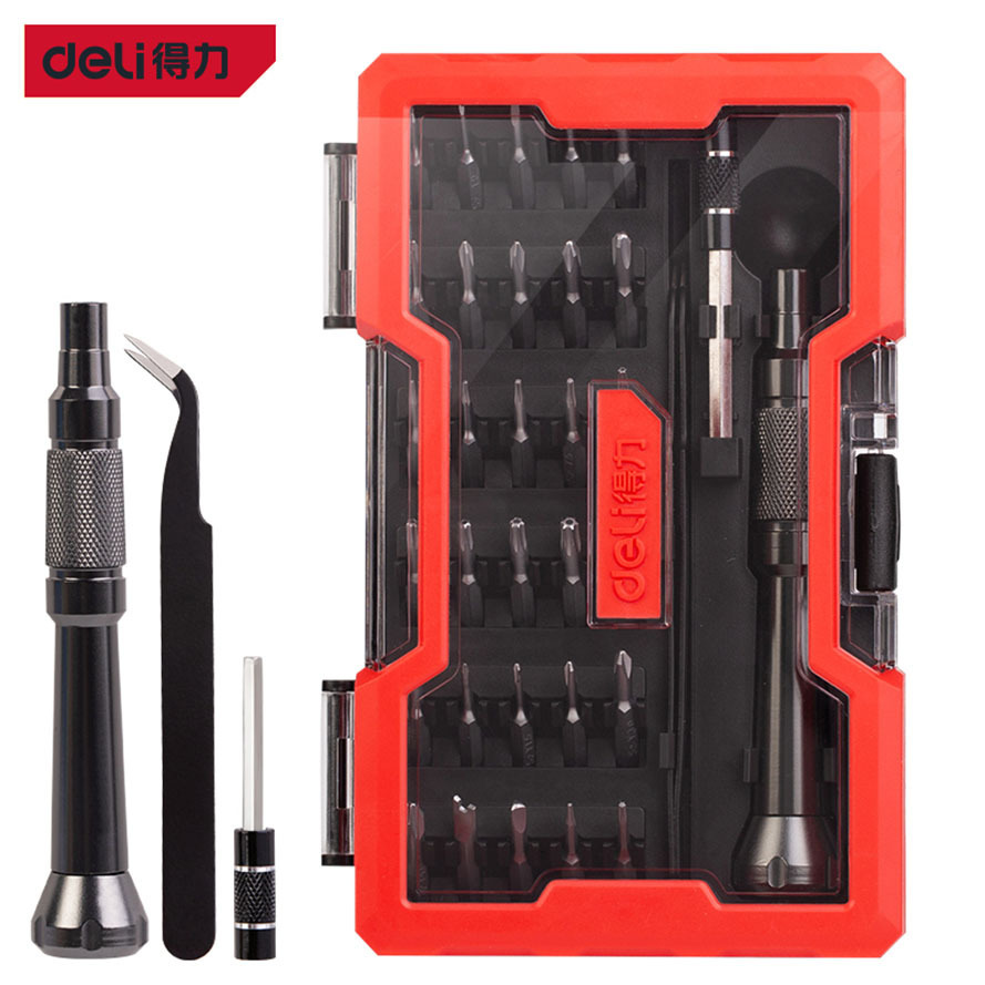 正品 deli得力DL1033G精密螺丝刀33件套金属杆S2批头(红)(套)工具