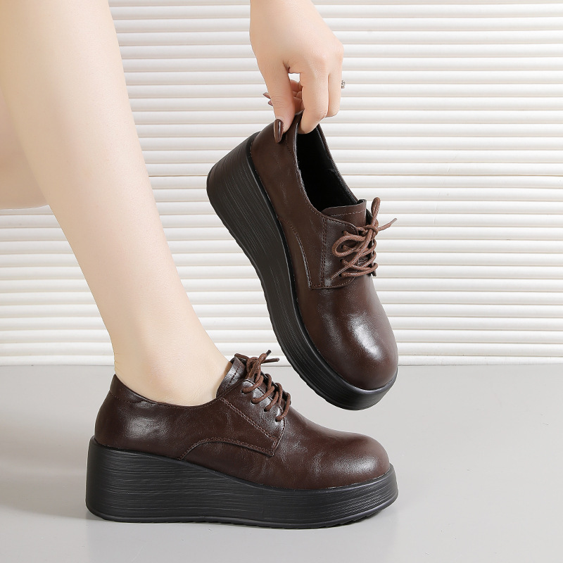 Mom's Shoes, Platform Spring and Autumn Thick-Soled Leather Shoes for Women, Office Wedge Heels, Women's Work Shoes, Lace-Up Style