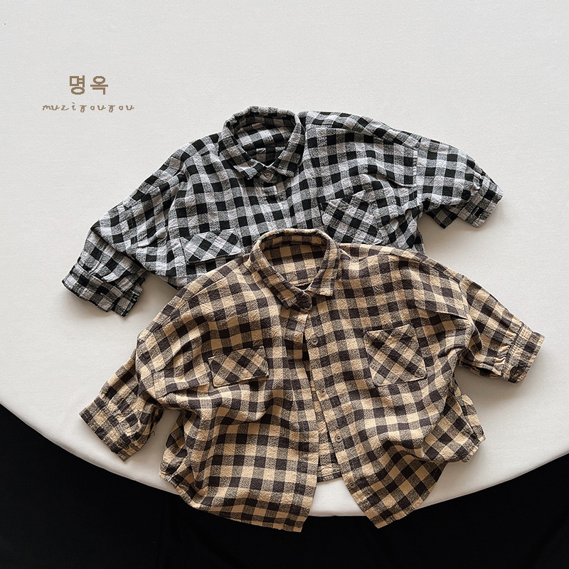 Camisa de algodón y lino a cuadros para niños otoño nuevos niños de estilo coreano personalidad suelta abrigo de longitud media ropa de hombre y mujer moda