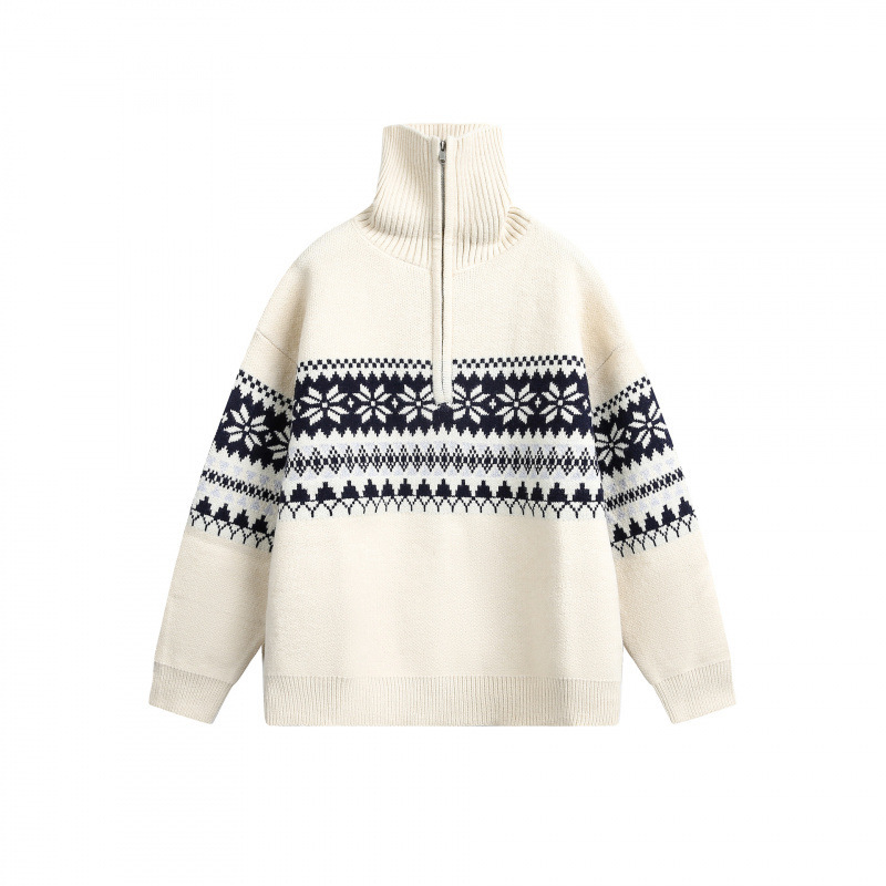 High-Neck Sweater for Men and Women, Heavy Patterned American-Style Knit Jacket, Trendy Brand, Fair Isle, Loose Fit, Trendy, Christmas, Autumn and Winter