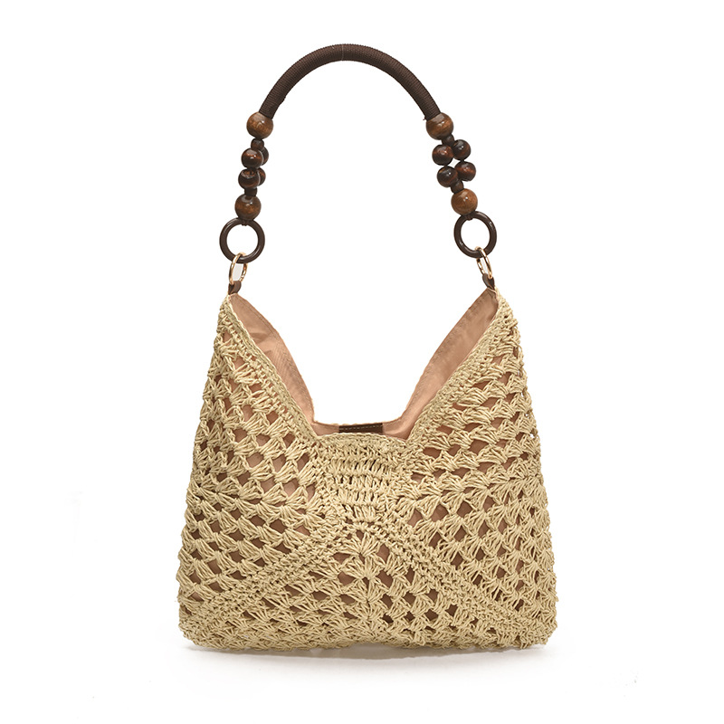 Storage Basket Bag, Rattan Handbag, Woven Shoulder Bag, Handmade Natural Rattan & Seagrass, Leather Trim, Eco-Friendly, Lightweight, Durable For Daily_voghion.com