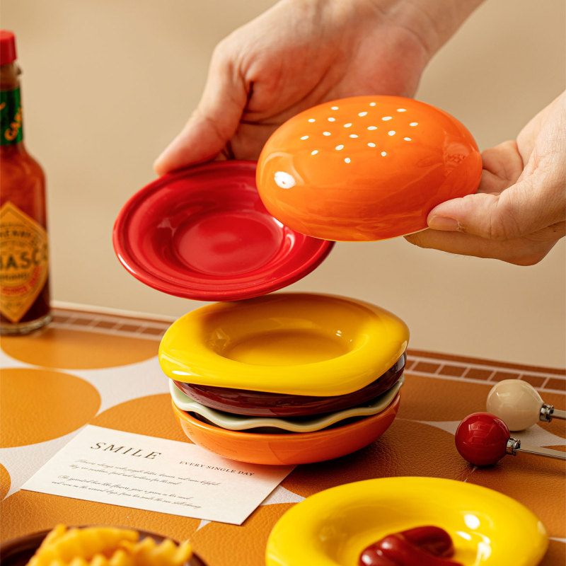 Ceramic Creative Burger Dipping Dish Set, Cute and Good-Looking Household Dish, Spit Bone Dish, Snack Dish, Vinegar Dish