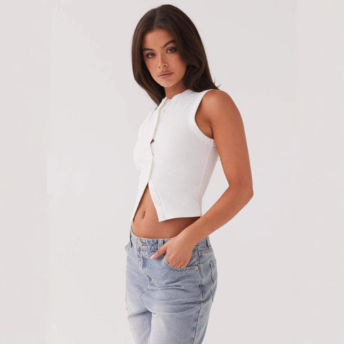 2025 Amazon TK Cross-border Women's Clothing Summer Y2K Slim Fit Hot Girl Sleeveless Round Neck Ribbed Button Vest 