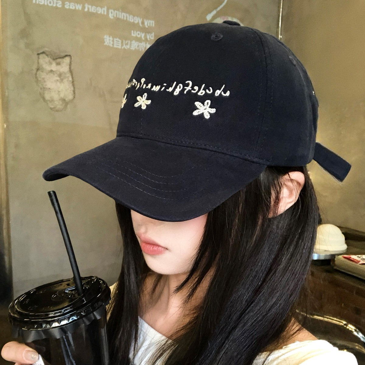 Korean Style Small Flower Embroidery Fashion Baseball Cap for Women 2026 New Model Wide Brim Casual Versatile Black Hat