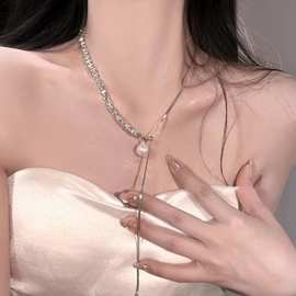 可抽拉式高级感珍珠碎银子拼接项链女时尚小众设计长款毛衣链配饰