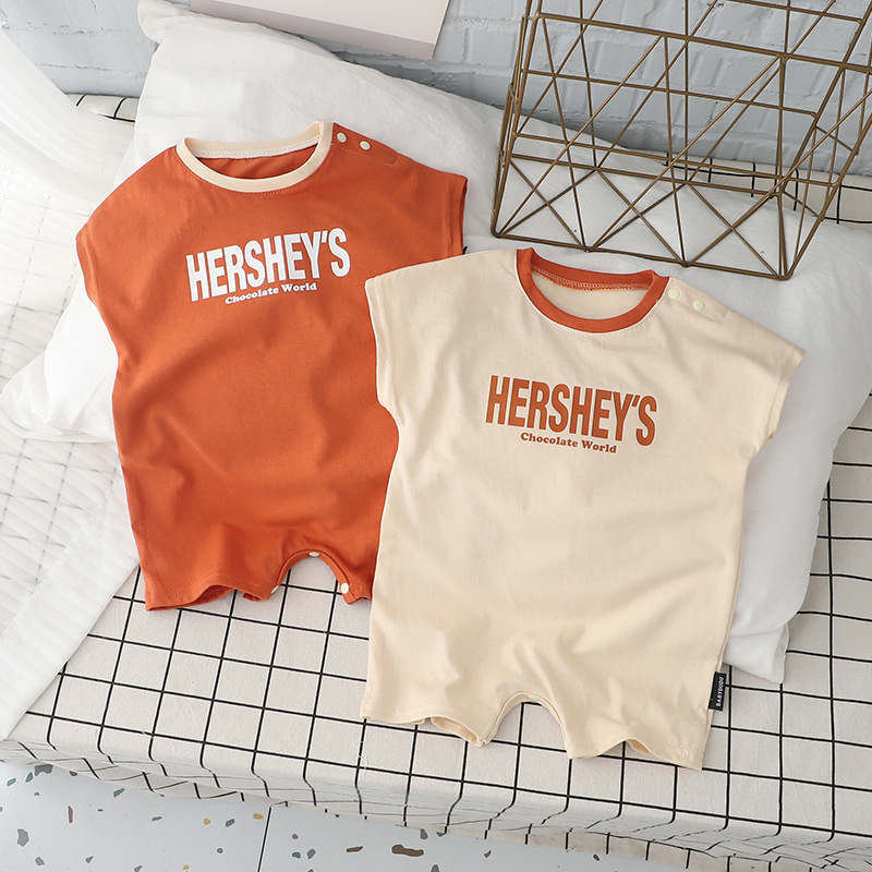 Summer new short-sleeved baby jumpsuit solid color English letters short-sleeved suit newborn cotton thin climbing suit