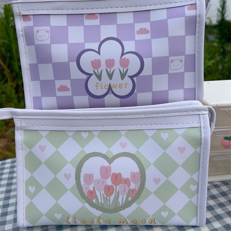 Tulip de gran capacidad pu niña corazón estuche para lápices estilo ins bolsa de papelería de alto valor bolsa de almacenamiento estuche para lápices impermeable