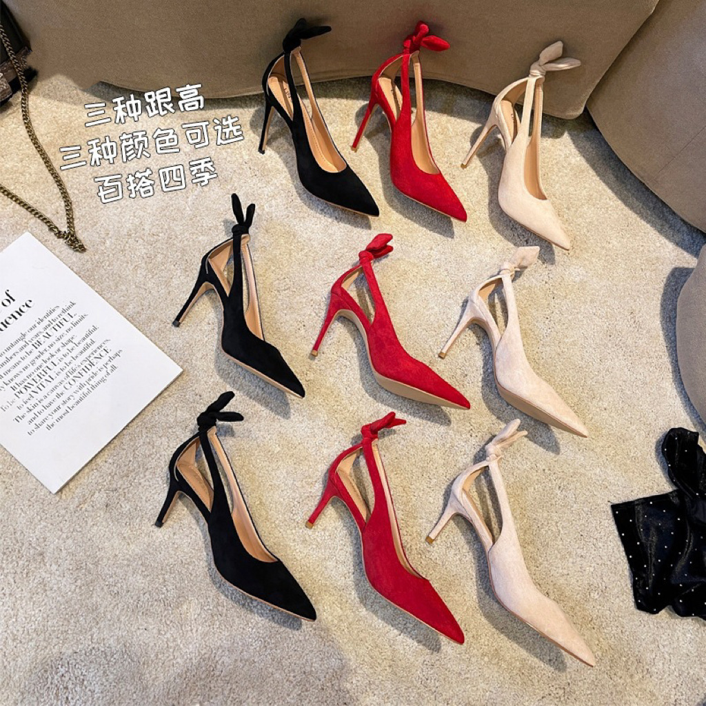 尖头黑色绒面高跟鞋女2023年新款春夏设计感小众浅口气质单鞋女