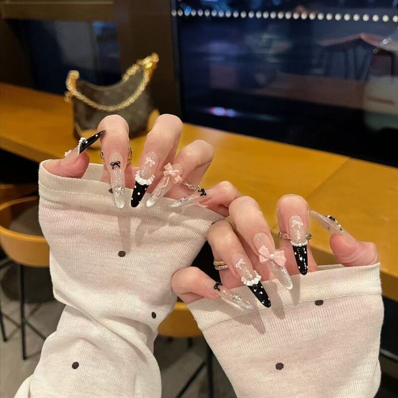 Purely Handmade Wearable Nails for Her Royal Highness Princess Black Pink Sweet Cool Girl French Cat Eye Bow Nails High-End Manicure