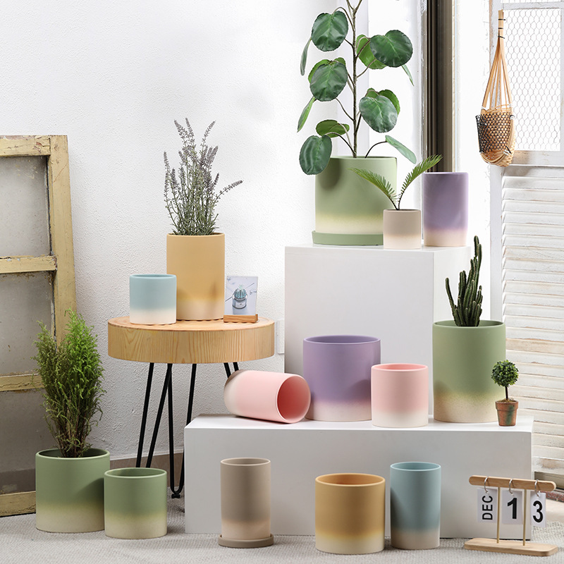 Cylindrical Gradient Color Dopamine Clay Plain Burning Flower Pot Breathable Ceramic Household with Tray Fleshy Green Orchid