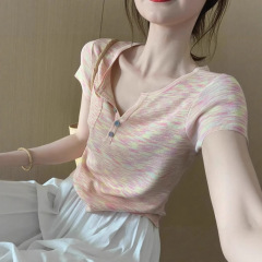 先染めストライプドーパミン新作半袖Tシャツレディース夏スリムフィット純粋な欲望ホットガール右肩ファッショナブルで多用途
