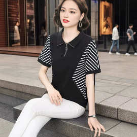 欧美风跨境女装夏季设计感条纹短袖T恤女时尚妈妈POLO领上衣洋气