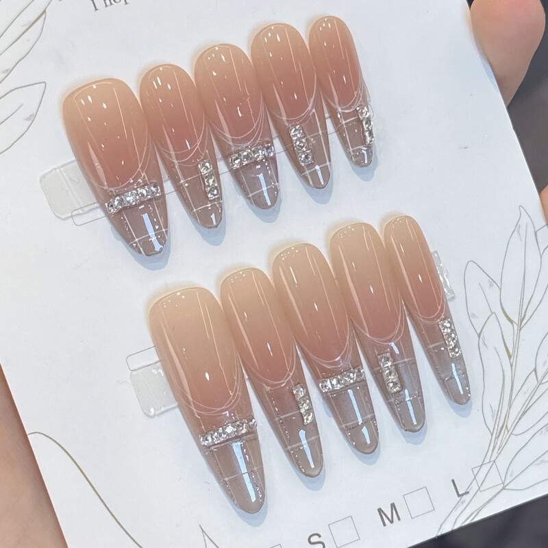 Elegant Aesthetic Handmade Zircon French Manicure Line Cat Eye Long Fake Nail Tips Elegant Aesthetic Handmade Zircon French Manicure Line Cat Eye Long Fake Nail Tips