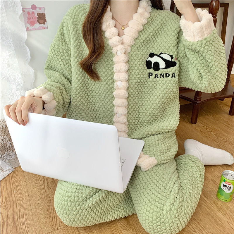 잠옷 여성의 가을 겨울 플란넬 두꺼운 달콤한 귀여운 한국 산호 양털 따뜻한 잠옷 홈 세트