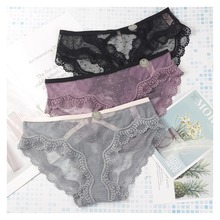 外贸欧美性感波点透明网纱蕾丝镂空内裤女士中腰包臀无痕三角裤头