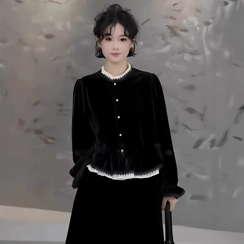 Lace Splicing Ruffled Velvet Shirt for Women, New Autumn and Winter Style, Unique Casual Loose Fit, Slimming and Versatile Long-Sleeve Top
