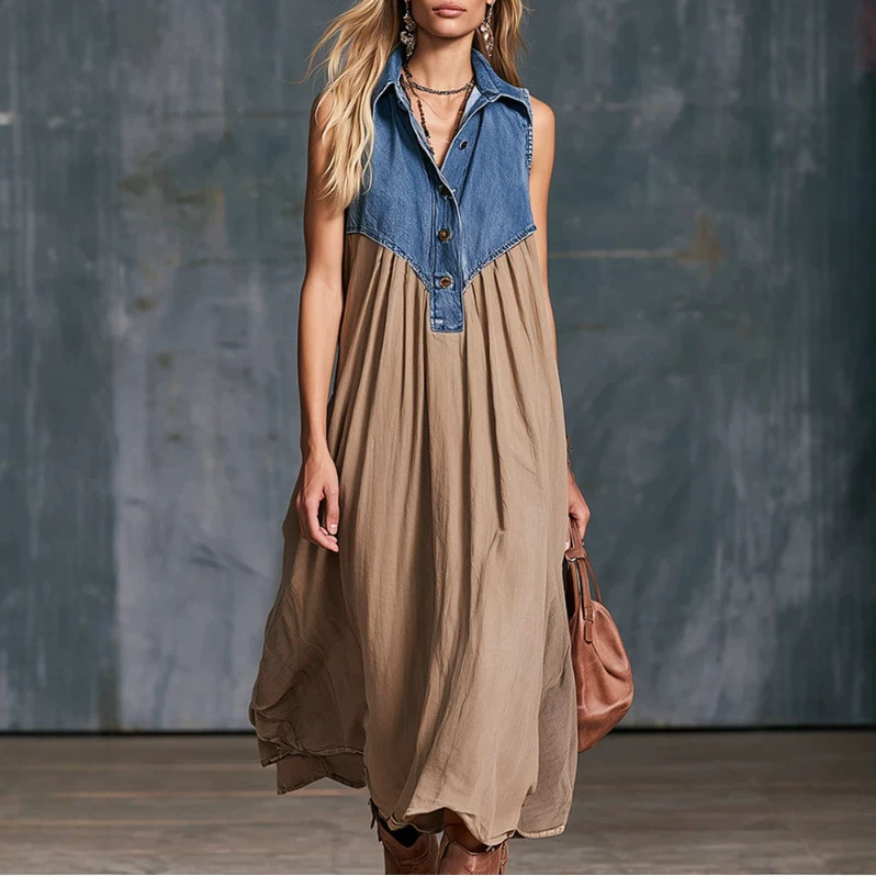 Elegant Urban Blue Denim Patchwork Khaki Long Skirt from European and American Cross-Border Independent Websites