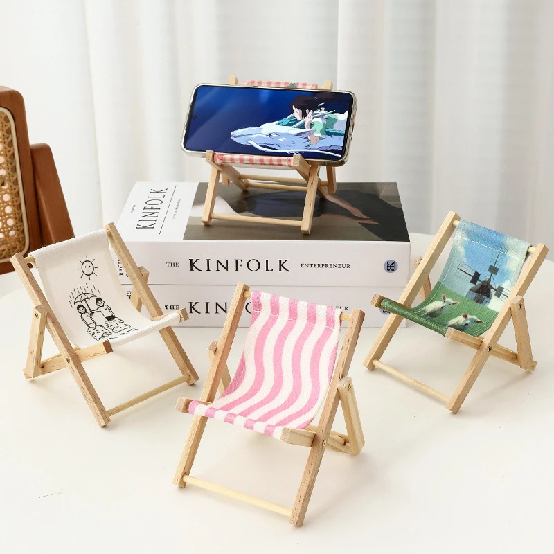 Beach Chair Mobile Phone Bracket Striped Beach Chair Wooden Mini Cute Creative Simple Lazy Foldable Mobile Phone Rack
