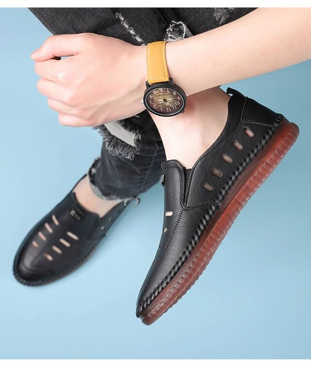 Giày sandal nam da lười khoét lỗ đế bằng chống trượt thoáng khí — Màu kaki, màu đen chi tiết 8