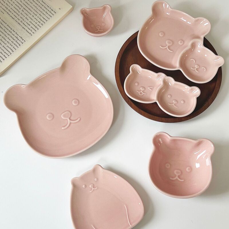 粉棕小熊小吃碟蘸料碟味碟醋碟可爱小碟子家用两格盘餐具|undefined