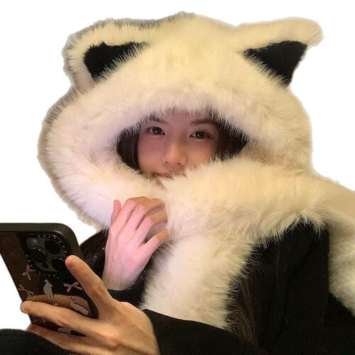 Thickened plush fox-ear hat and scarf combo—perfect for autumn and winter, providing warmth and protection against the cold; a Lei Feng-style hat that also protects your neck and makes your face appear smaller.