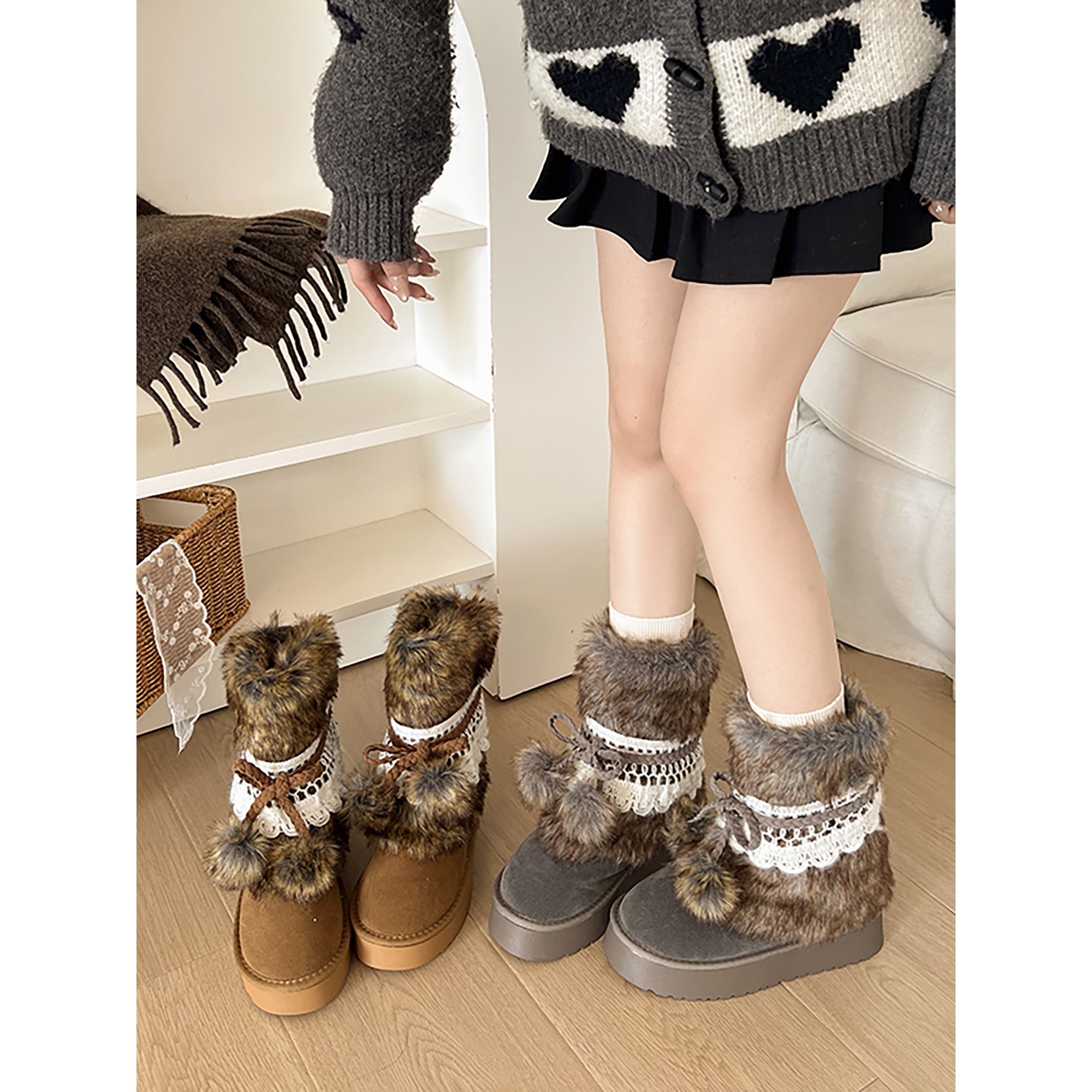 棕色复古防滑厚底毛毛雪地靴女2025新款冬季增高保暖加绒加厚棉鞋