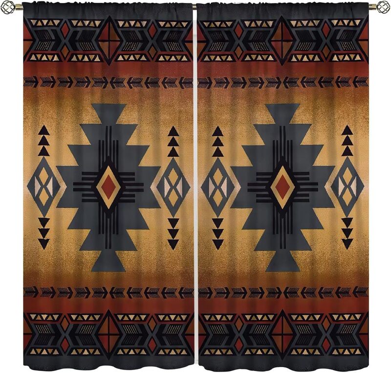 Aztec Curtains, Ethnic Southwest Geometric Window Decorations for Living Room, Farmhouse Tribal Navajo Boho