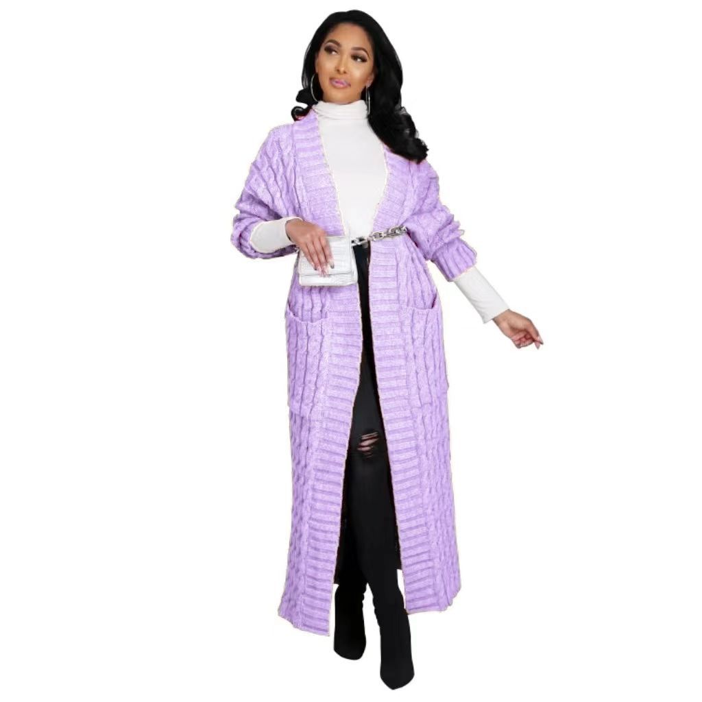 2025 nuevo otoño e invierno Amazon ropa de mujer europea y americana moda bolsillo cárdigan casual suéter de manga larga largo color sólido exterior