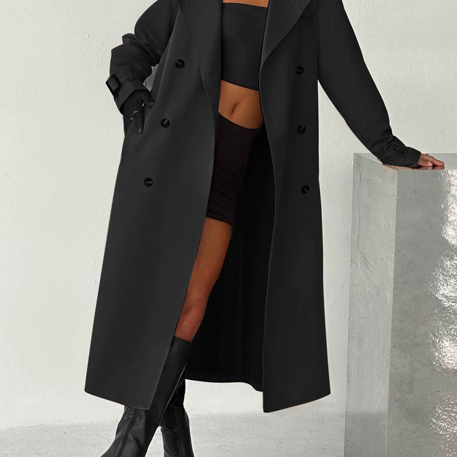 Стильный женский двубортный тренч, однотонный, длинный