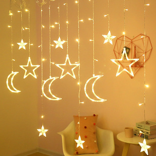 Led Star and Moon Curtain Lights for Bedroom, String Lights with Large and Small Stars, Plug-In Christmas Holiday Decoration Hanging Lights, Festive Atmosphere