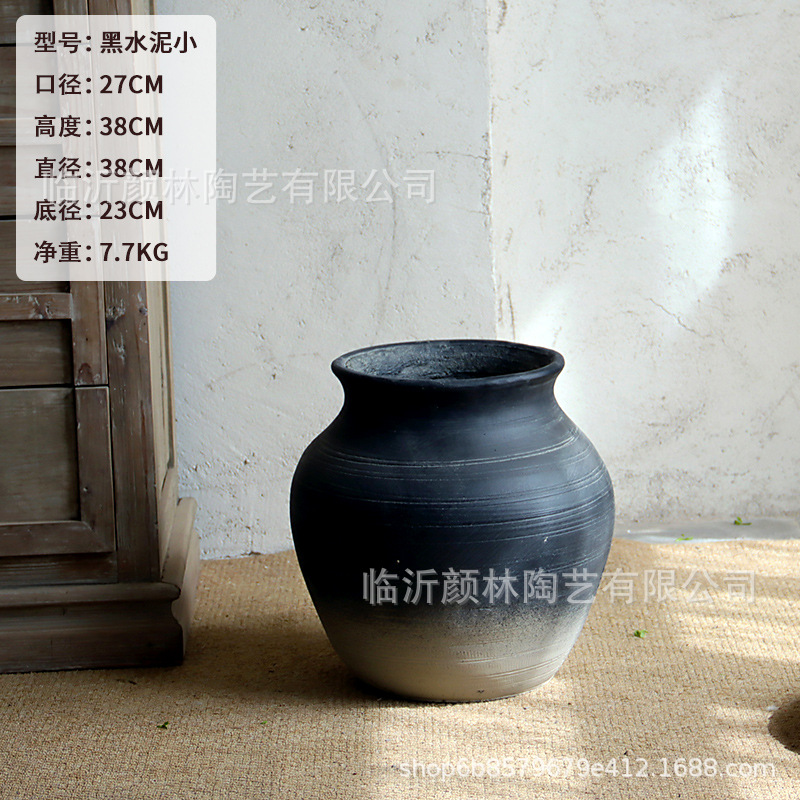Cementos de tierra gris negro gran vientre redondo plantación interior verde hacer viejas macetas de diseño de decoración del espacio del hotel