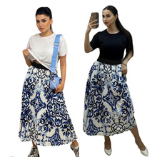 J2819 跨境女装  夏季时尚休闲短袖套装(上衣+百褶裙）2色现货