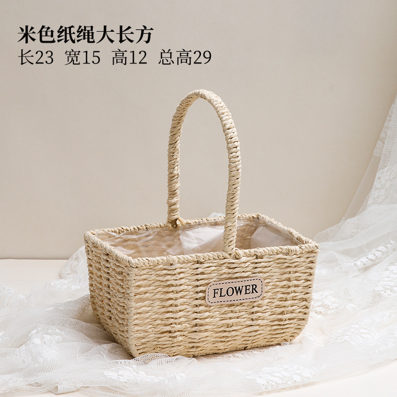 Cesta de flores con asa de encaje, cesta de bambú tejida para floristas, embalaje DIY, pequeña cesta de bambú para ramos y flores secas.