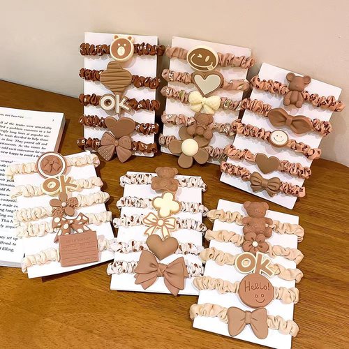Milk tea color 5-piece set of children's headband large intestine hair band women's high ponytail rubber band ins high-value hair accessories hair rope wholesale