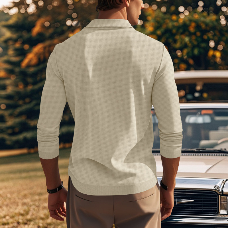 Podzimní a zimní americké pánské tričko s dlouhým rukávem, tenký střih, vaflový styl, slim fit, klopový pletený svetr pro muže_voghion.com