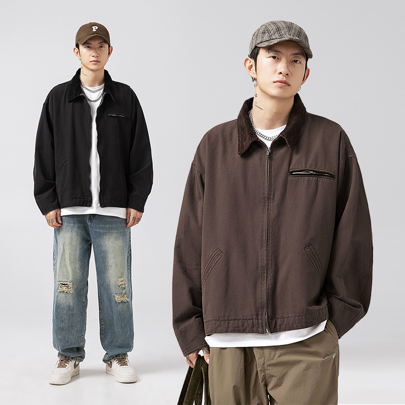 Vintage Washed Detroit Jacket for Men, New Spring Style, Japanese Loose Corduroy Patchwork Lapel Coat Q