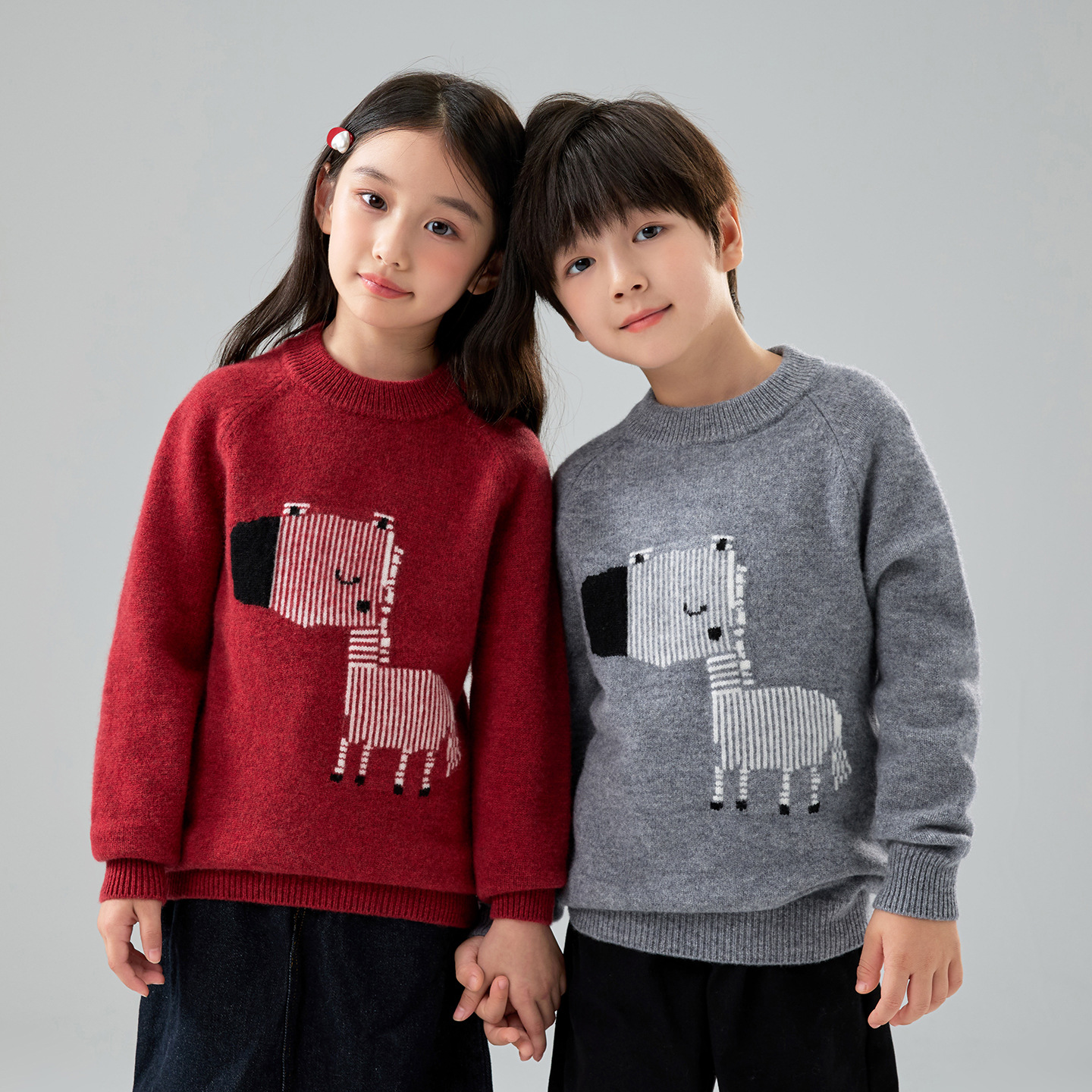 Children's pure wool zebra jacquard pullover knitted base layer top, boys' and girls' cashmere base layer warm shirt