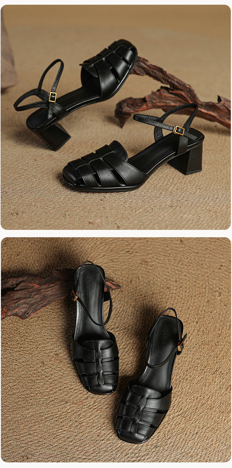 Sandal cao gót nữ quai ngang mũi kín da cừu dệt rỗng phong cách vintage — đen chi tiết 26