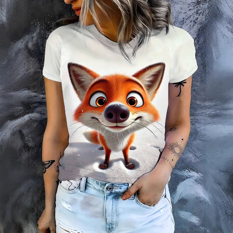 Versatile White Fox Print Short-Sleeve T-Shirt, Skin-Friendly Women's Fashion Casual Trendy Commuter Top Versatile White Fox Print Short-Sleeve T-Shirt, Skin-Friendly Women's Fashion Casual Trendy Commuter Top
