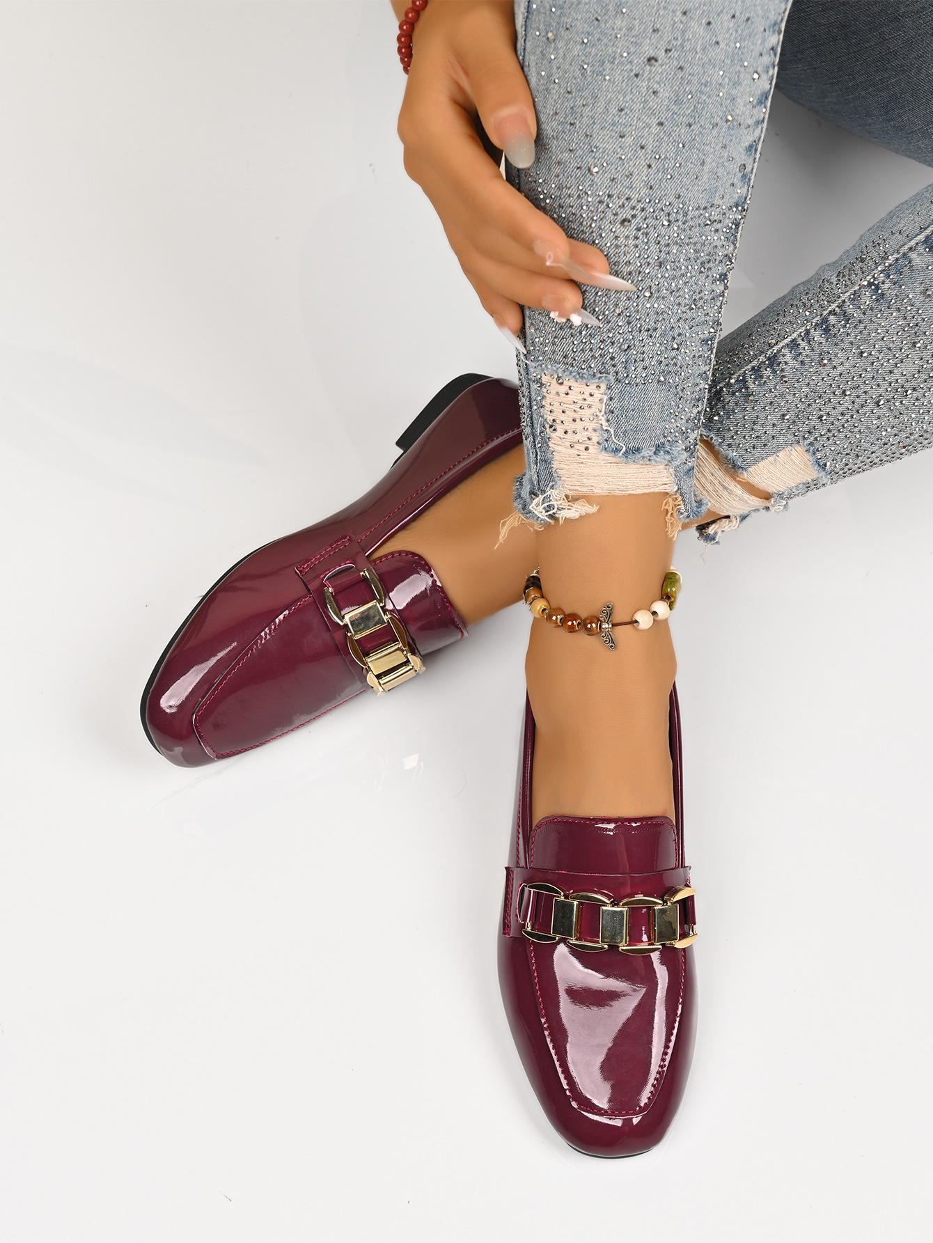 Women's Metal Chain Flat Loafers Autumn Casual Style Export Available New_vogvips.com
