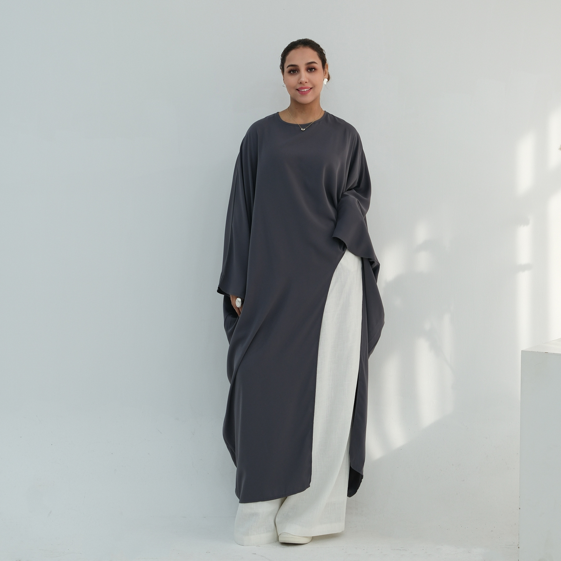 Voya Women's Oversized Modest Robe - Loose Fit Asymmetric Top With Crew Neck, Solid Color Longline Cardigan, Casual Loungewear, Elegant Daily Wear,_ecoleips.com