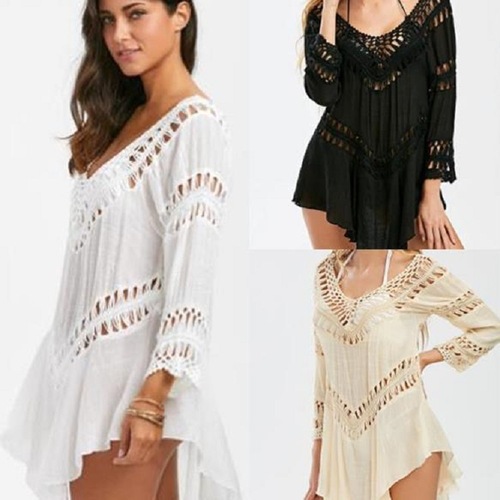 European and American-style loose-fitting, flared, hollowed-out hand-hooked knit top—beach bikini swimsuit, beach cover-up, and women's UV-protective wear