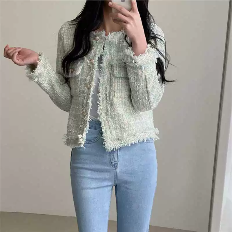 Пальто-кардиган в западном стиле с потертыми краями в стиле Chanel с круглым вырезом, женский весенний новый маленький твидовый короткий топ в Корейском стиле